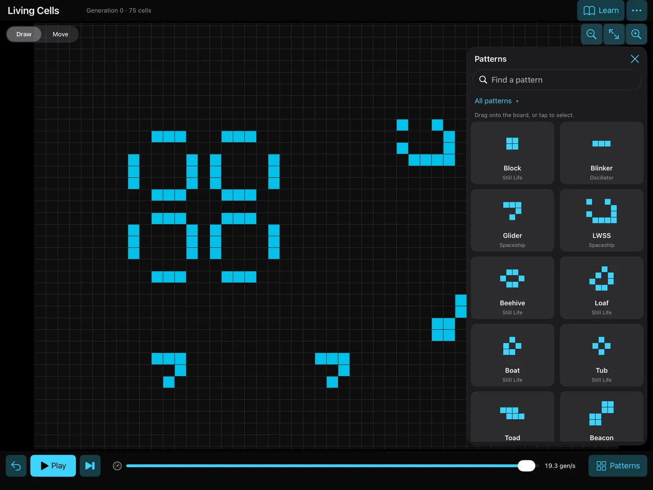 Living Cells on iPad, with cyan patterns and the visual pattern library.