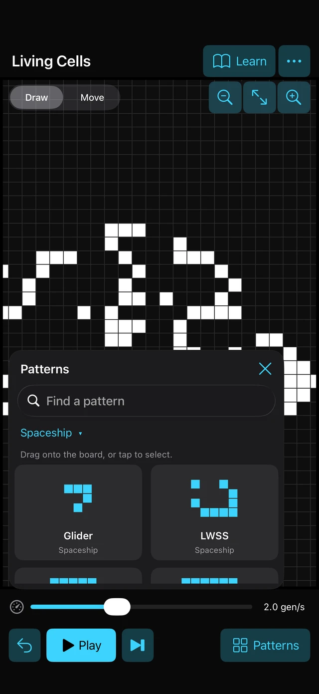Living Cells on iPhone, showing cell patterns and the pattern library.