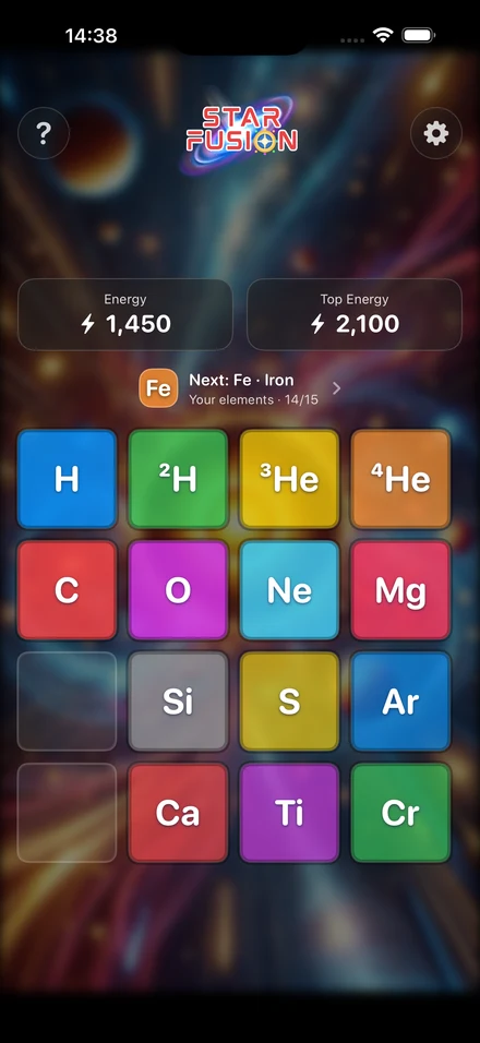 Actual Star Fusion gameplay, with colourful element tiles on a four-by-four board.